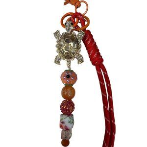 Crystal Turtle Charm Keychain With Beaded Accent & Red Lanyard Clip Orange & Gol